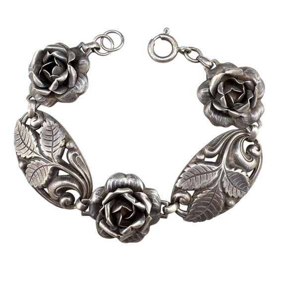 Vintage Sterling Silver Floral Link Bracelet Rose Leaf Design Circular Spring Cl - Picture 1 of 11